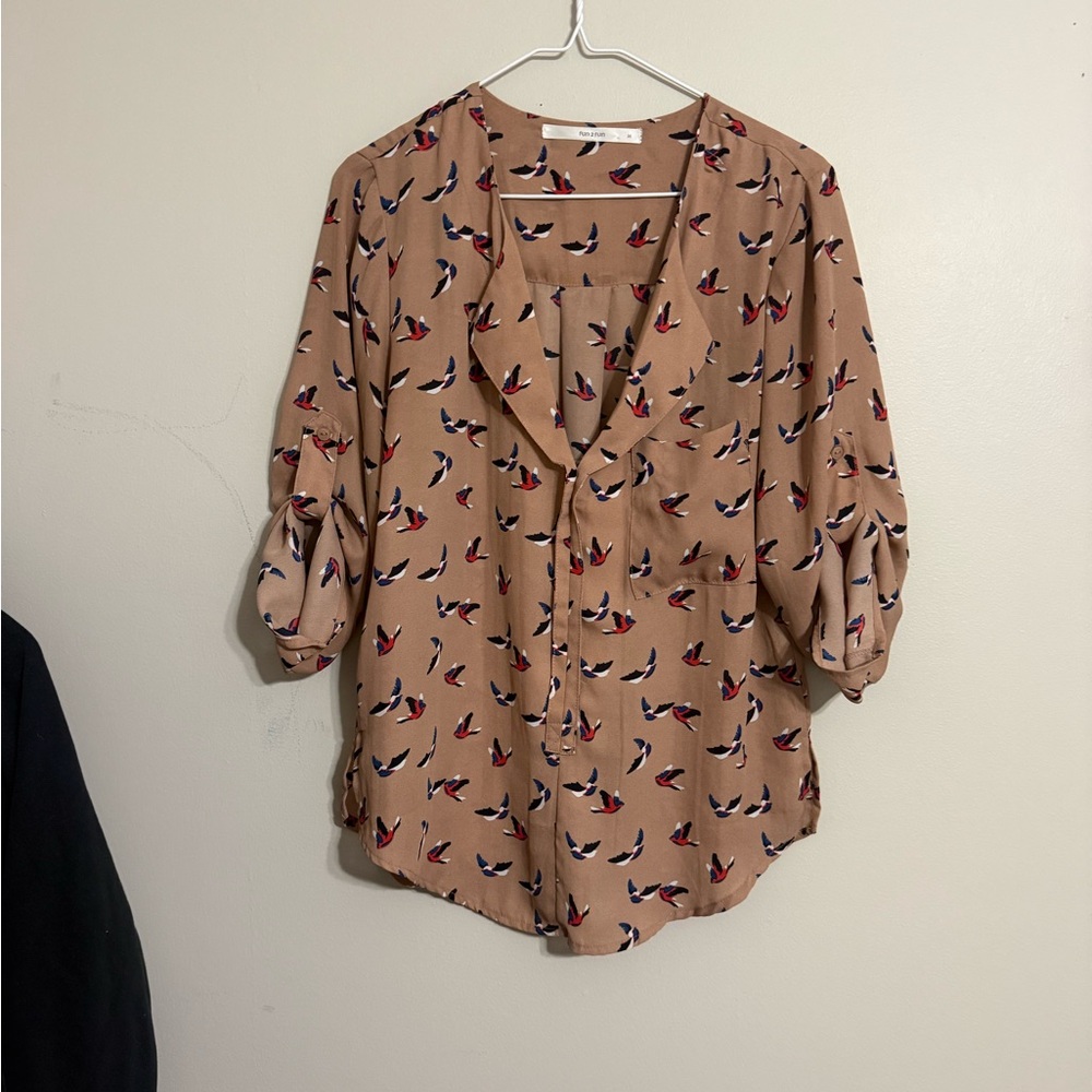 Fun 2 Fun Beige Bird Pattern Blouse - Picture 3 of 4